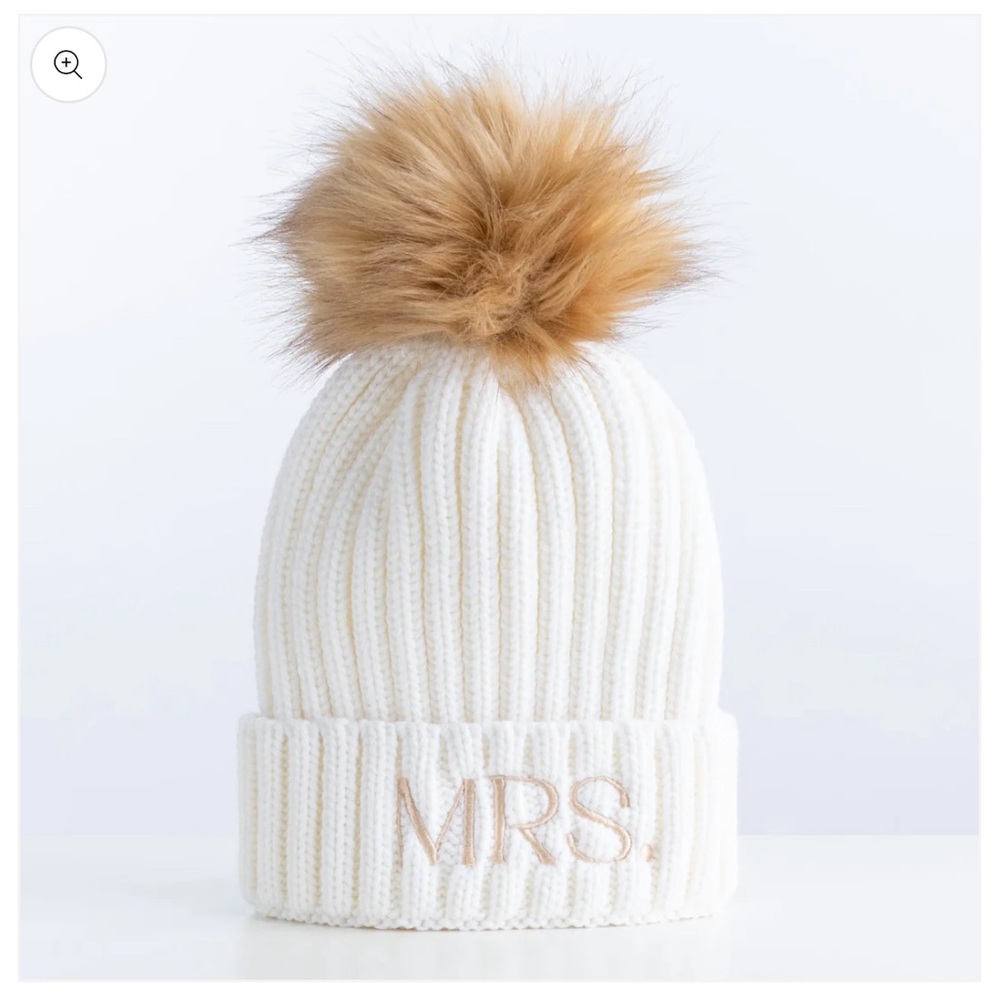 New bride “MRS” White Beanie With Detachable Pom-Pom